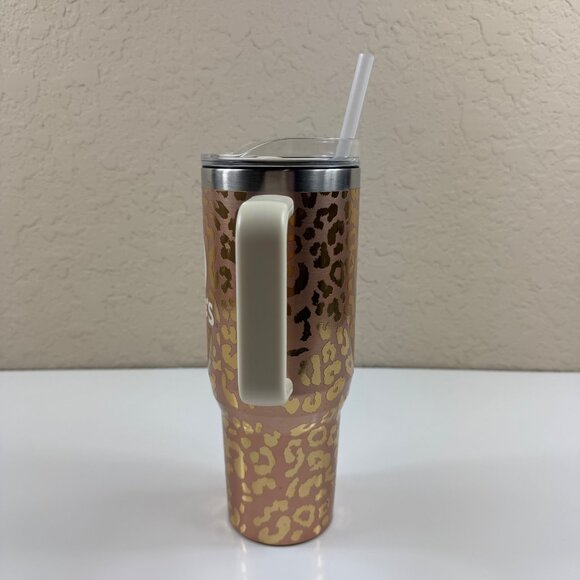 Bucees Yukon Outfitters Buc-ee’s Rose Gold Cheetah 40oz Tumbler Handle Viral EUC - Picture 2 of 8